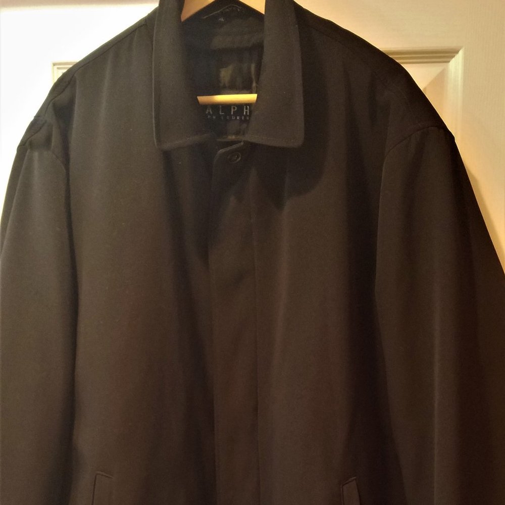 Gorgeous RALPH Ralph Lauren Black Ventless Balmacaan 3/4 Length Rain Coat, XL